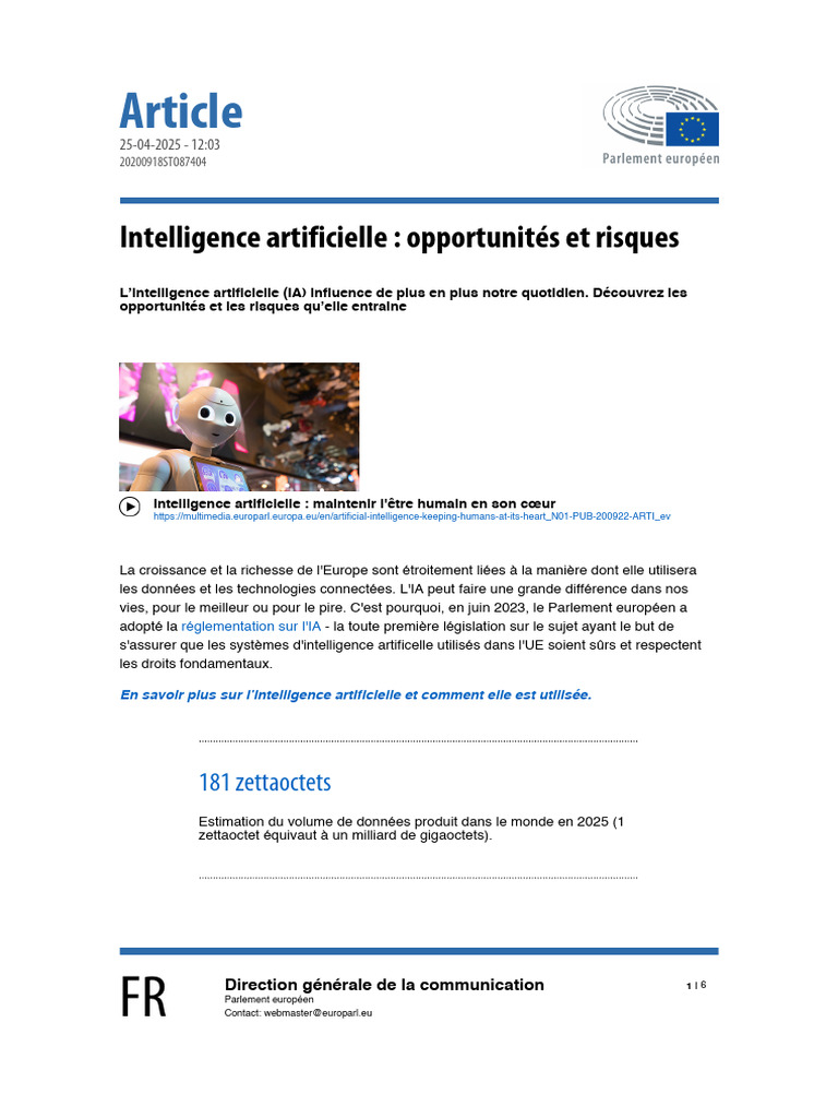 IA : Opportunités et Risques en Europe | PDF | Intelligence ...