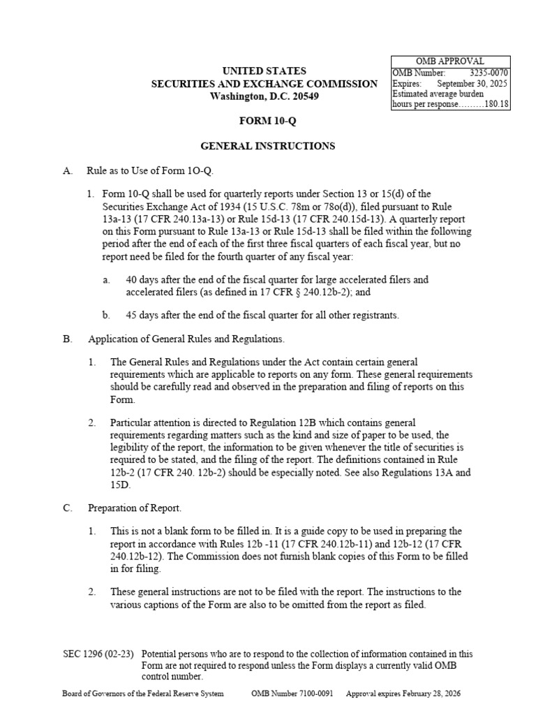 SEC Form 10-Q General Instructions | PDF | Regulation S K | Securities ...