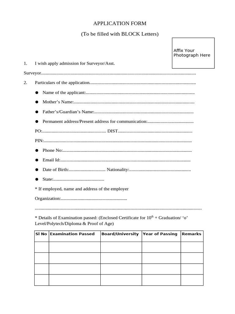Application Form (To Be Filled With BLOCK Letters) : Affix Your ...