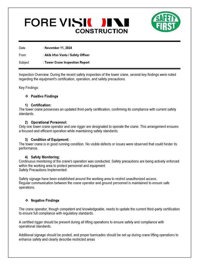 TOWER CRANE Inspection Report | PDF