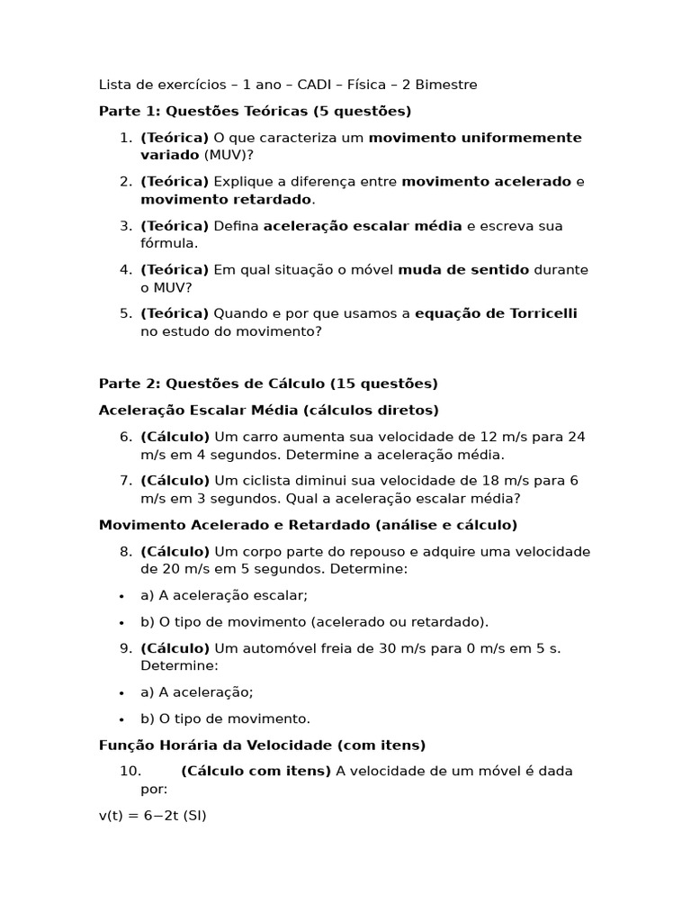Exercícios de Física: Movimento e Aceleração | PDF | Aceleração ...
