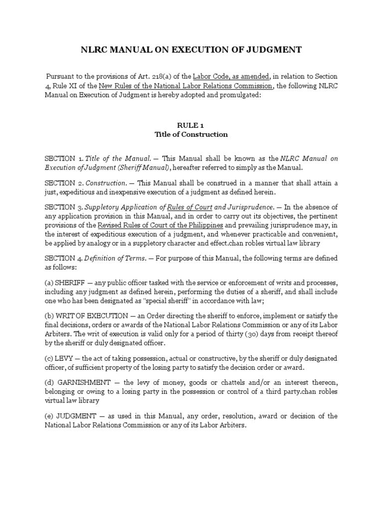 NLRC Manual on Execution of Judgment Deed Judgment (Law)