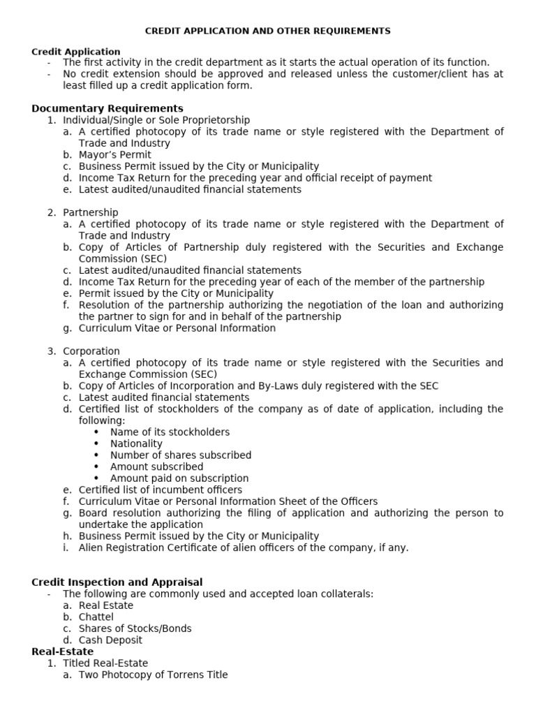 Credit Application and Other Requirements Copy 2 | PDF | Credit ...