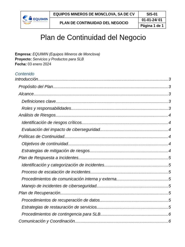 Plan de Continuidad de Negocio EQUIMIN | PDF | La seguridad informática ...