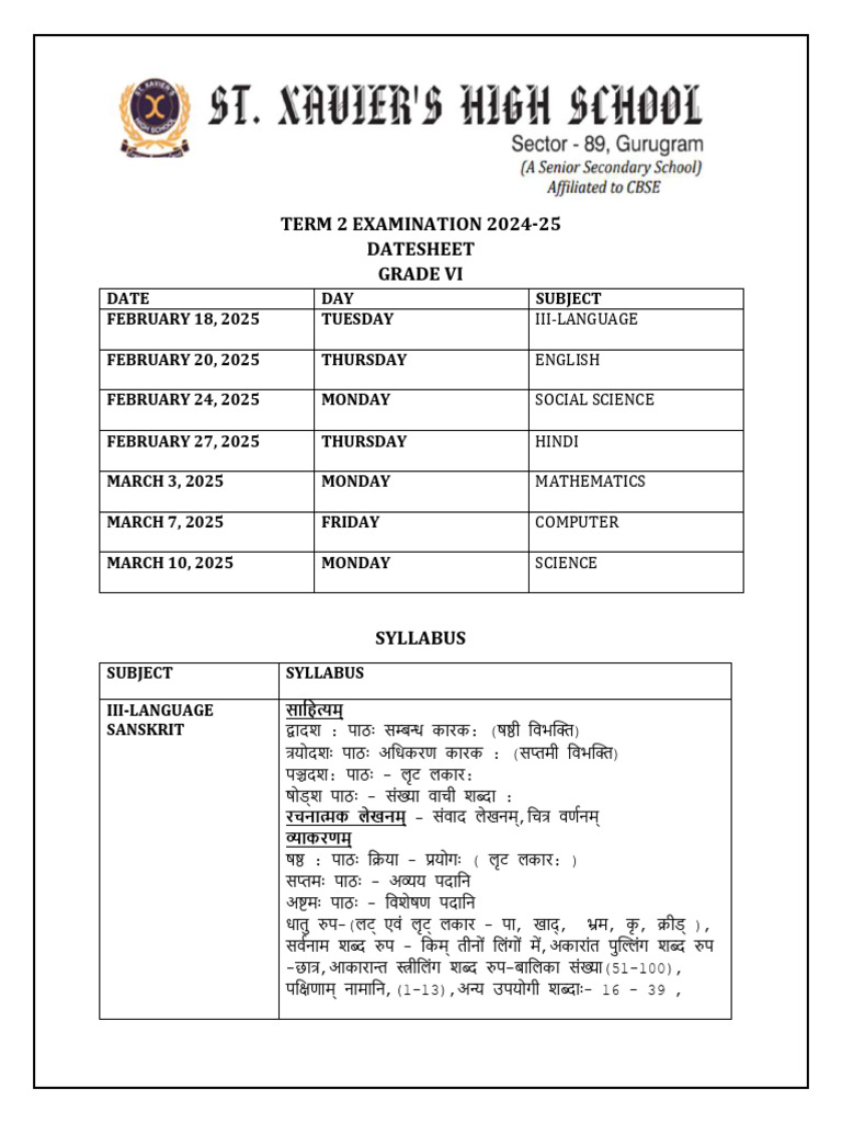 Vi - Term 2 Datesheet & Syllabus 24-25 | PDF