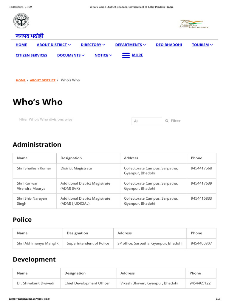 Bhadohi District Administration Contacts | PDF | Government Of India ...