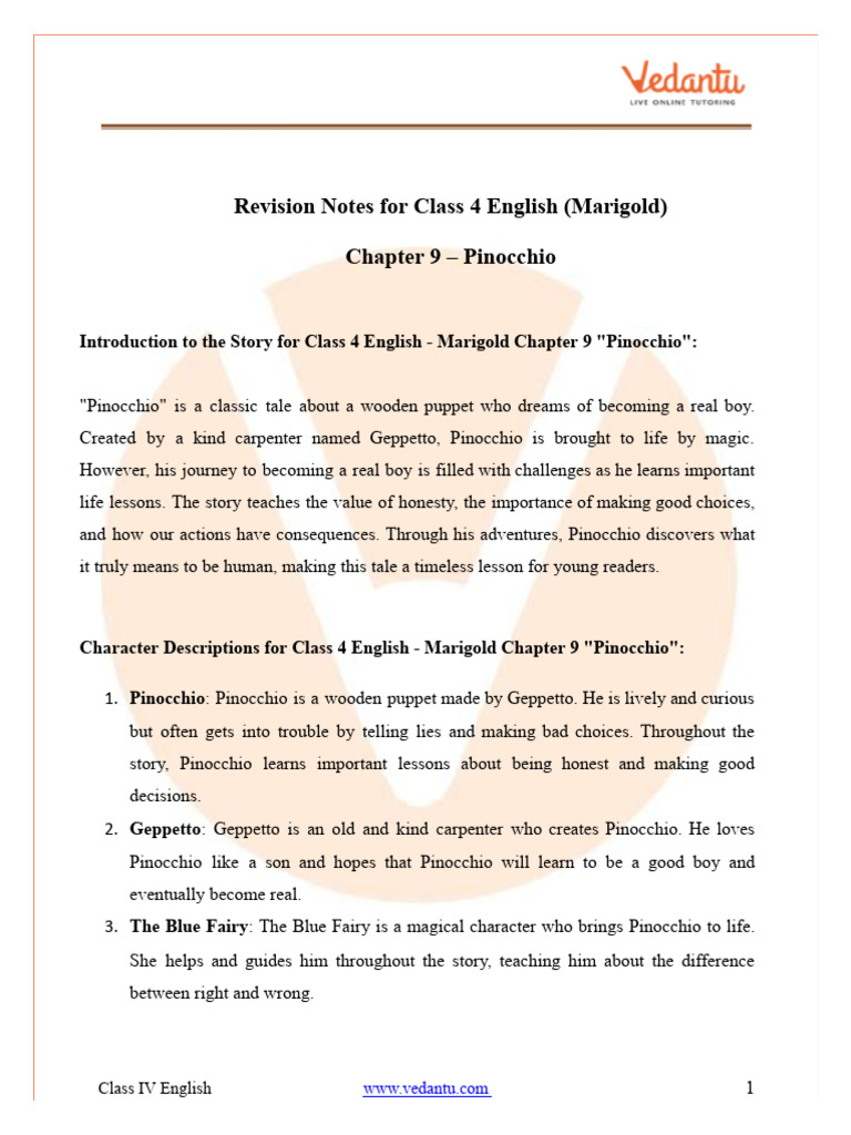 Pinocchio: Class 4 Revision Notes | PDF | Pinocchio