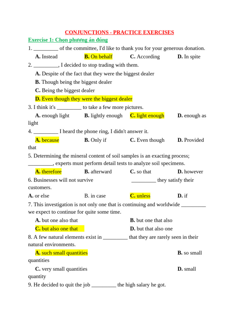 Conjunctions Practice Exercises | PDF