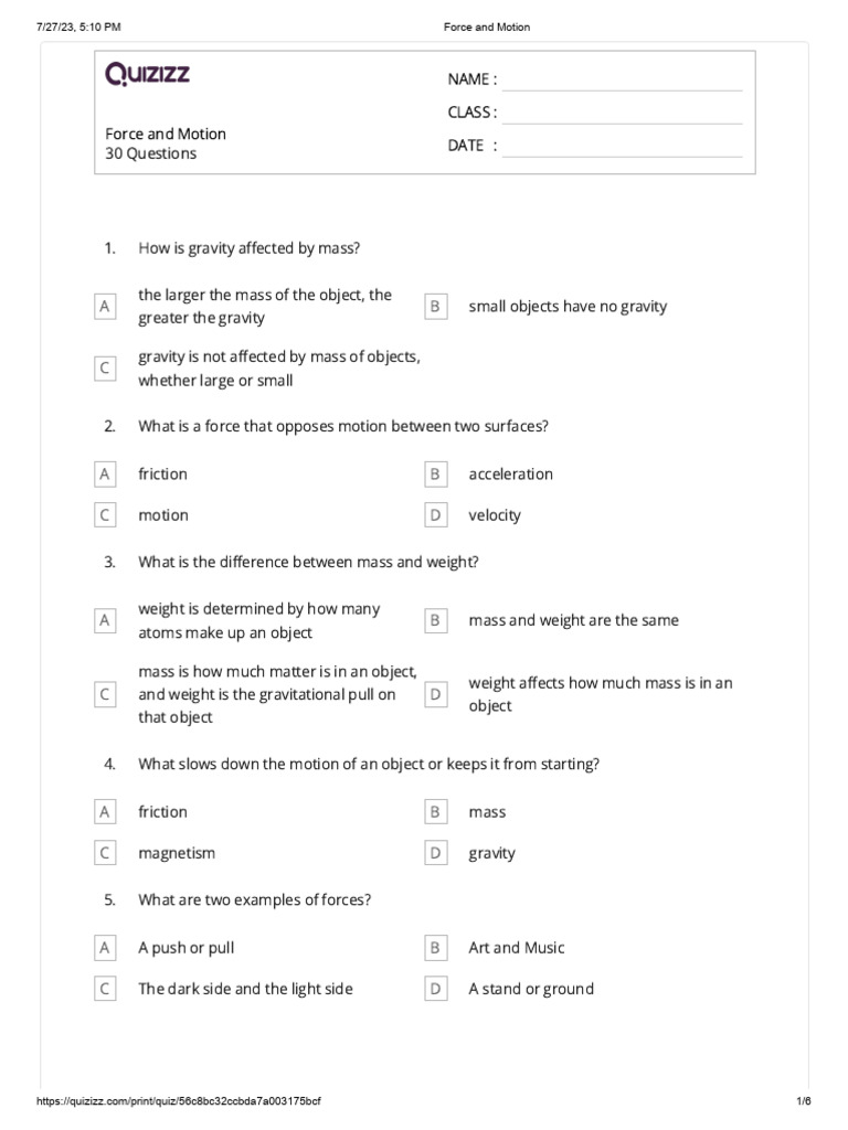 Force and Motion Quiz Questions | PDF | Force | Mass