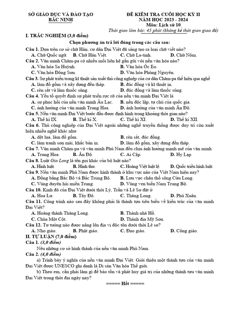 De Kiem Tra Cuoi Hoc Ki 2 Lich Su 10 Nam 2023 2024 So GDDT Bac Ninh | PDF