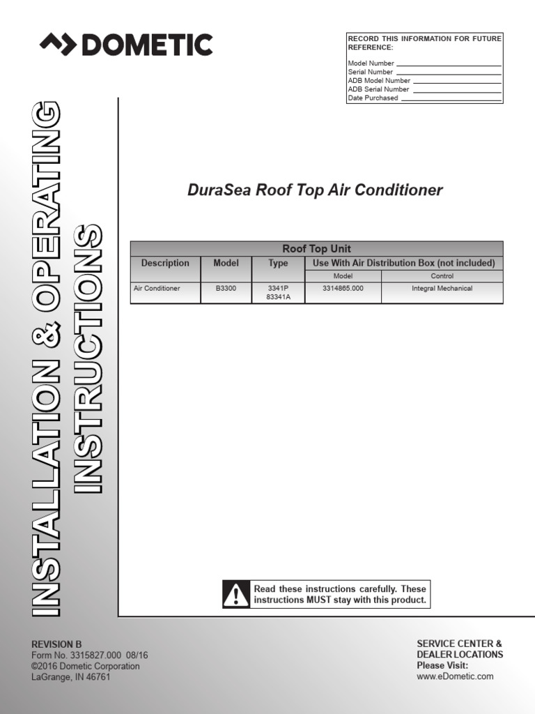 Dometic Roof Top AC Installation Guide | PDF | Air Conditioning ...