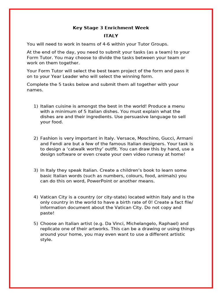 Key Stage 3 Italian Enrichment Tasks | PDF