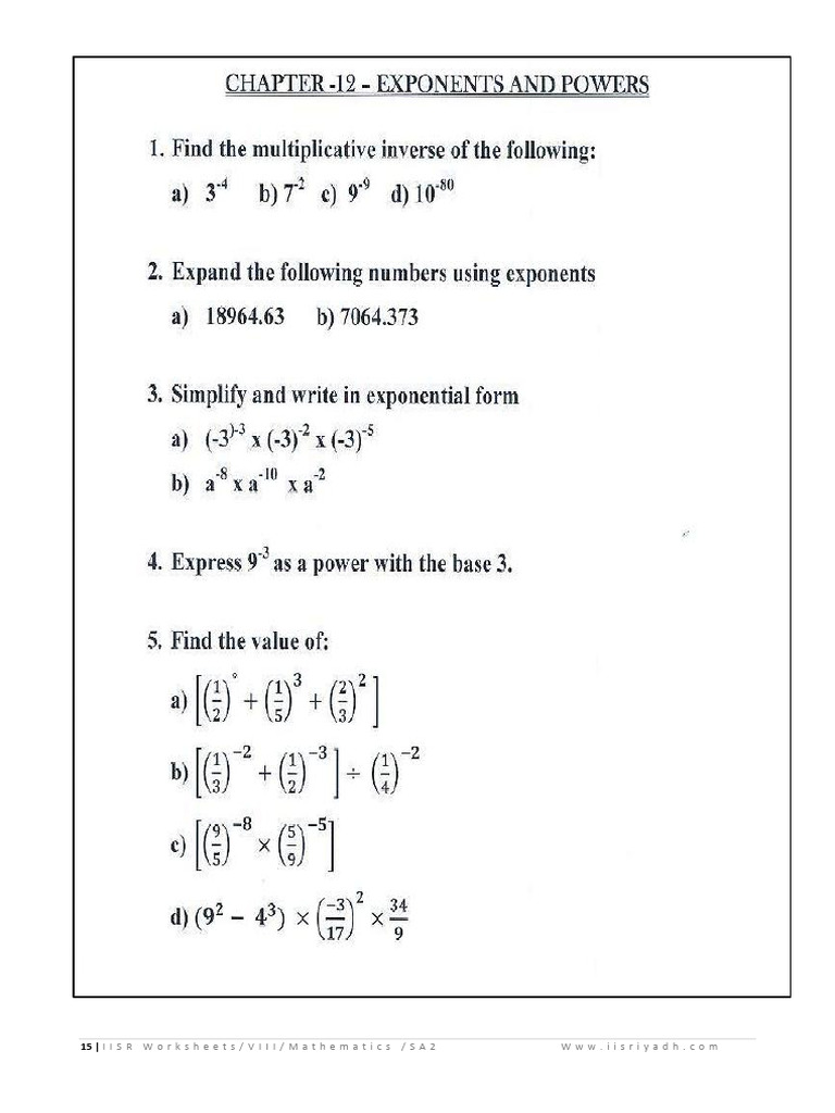 CBSE Class 8 Exponents and Powers Worksheet | PDF, image size:768x1024
