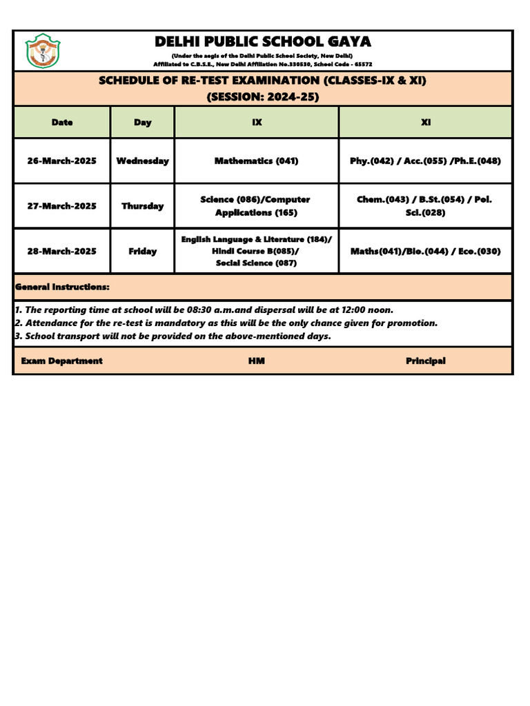 Re-Test Exam Schedule for Classes IX & XI | PDF