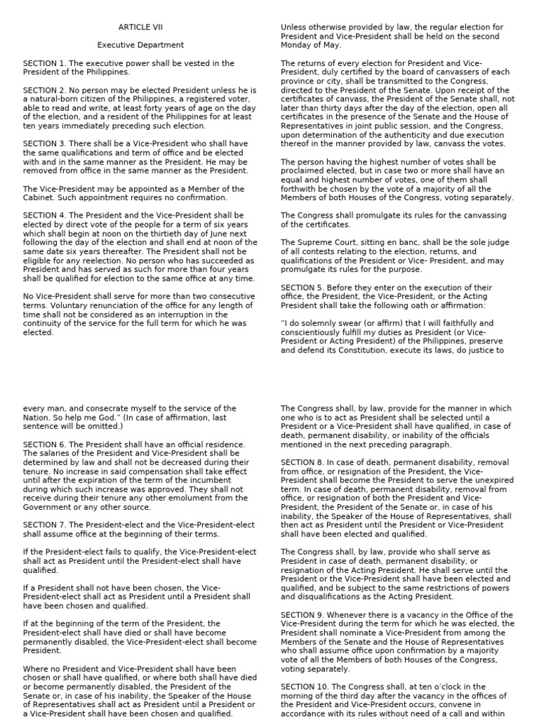 ARTICLE VII Consti Codal | PDF | American Government | Presidents Of ...