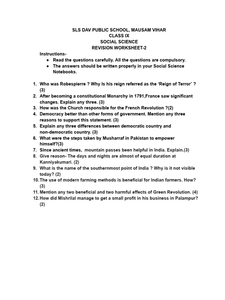 Class 9 Social Science Revision Worksheet | PDF