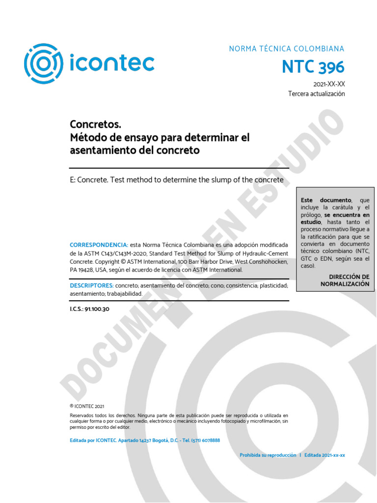 Método de ensayo NTC 396: Asentamiento concreto | PDF | Hormigón
