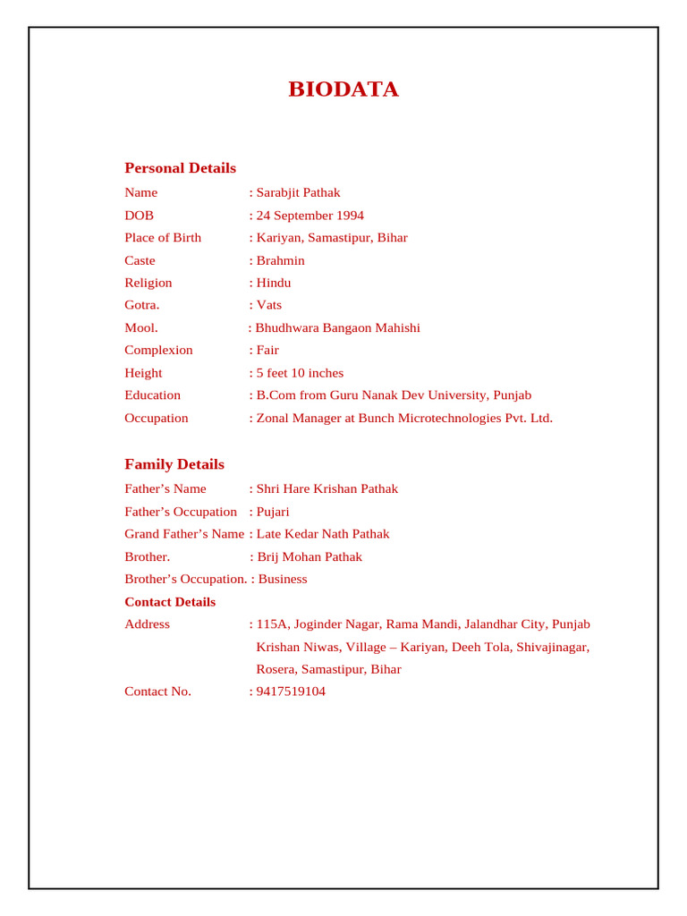Marriage Biodata Format 2 | PDF