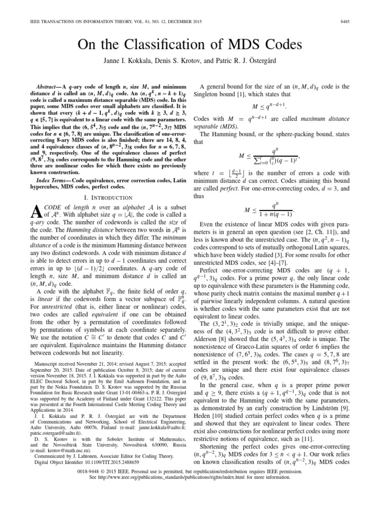 Classification of MDS Codes Over Small Alphabets | PDF | Algebra ...
