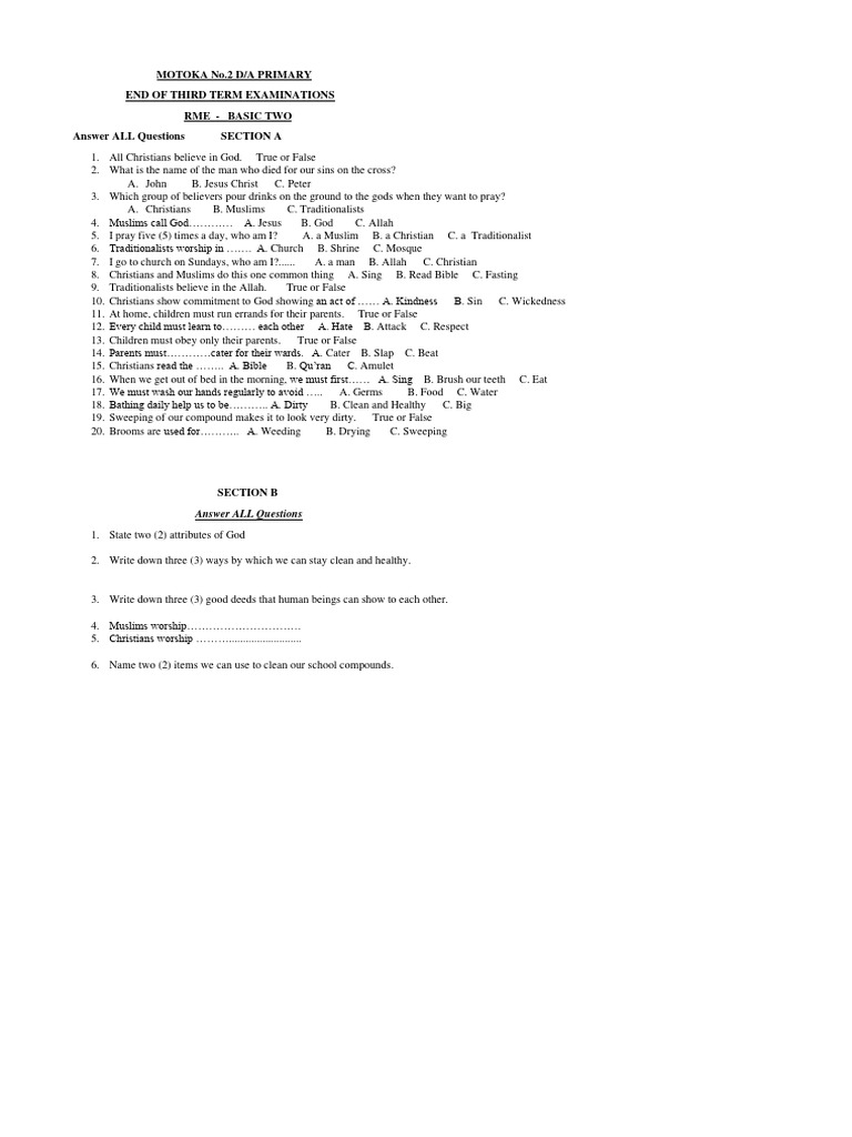 RME Exam Questions for Basic Two Students | PDF