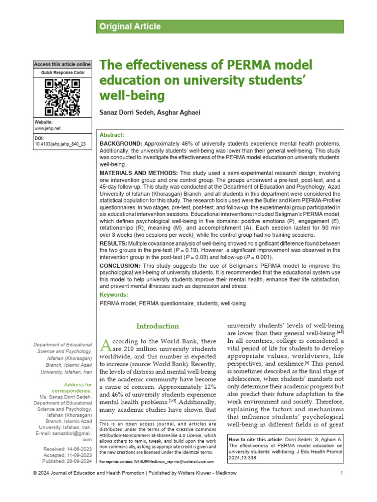 The Effectiveness of PERMA Model Education On Univ | PDF | Positive ...