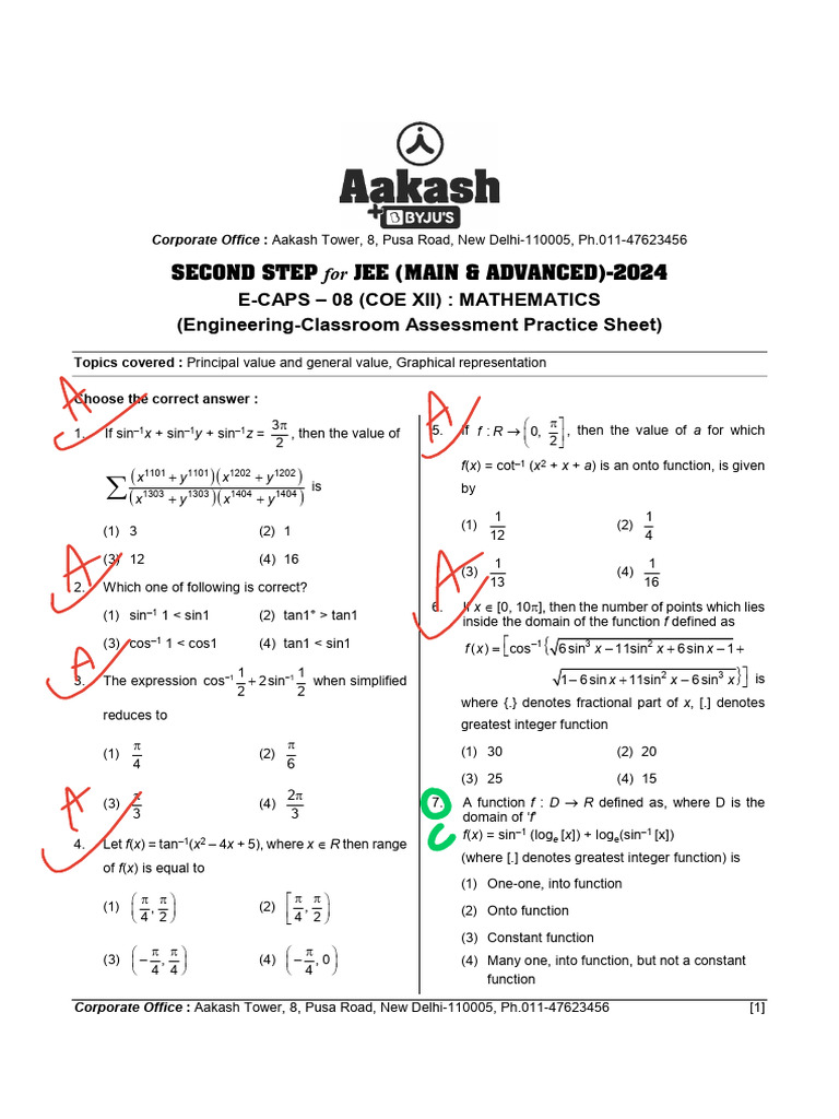 JEE 2024 Mathematics Practice Sheet | PDF | Mathematical Analysis ...