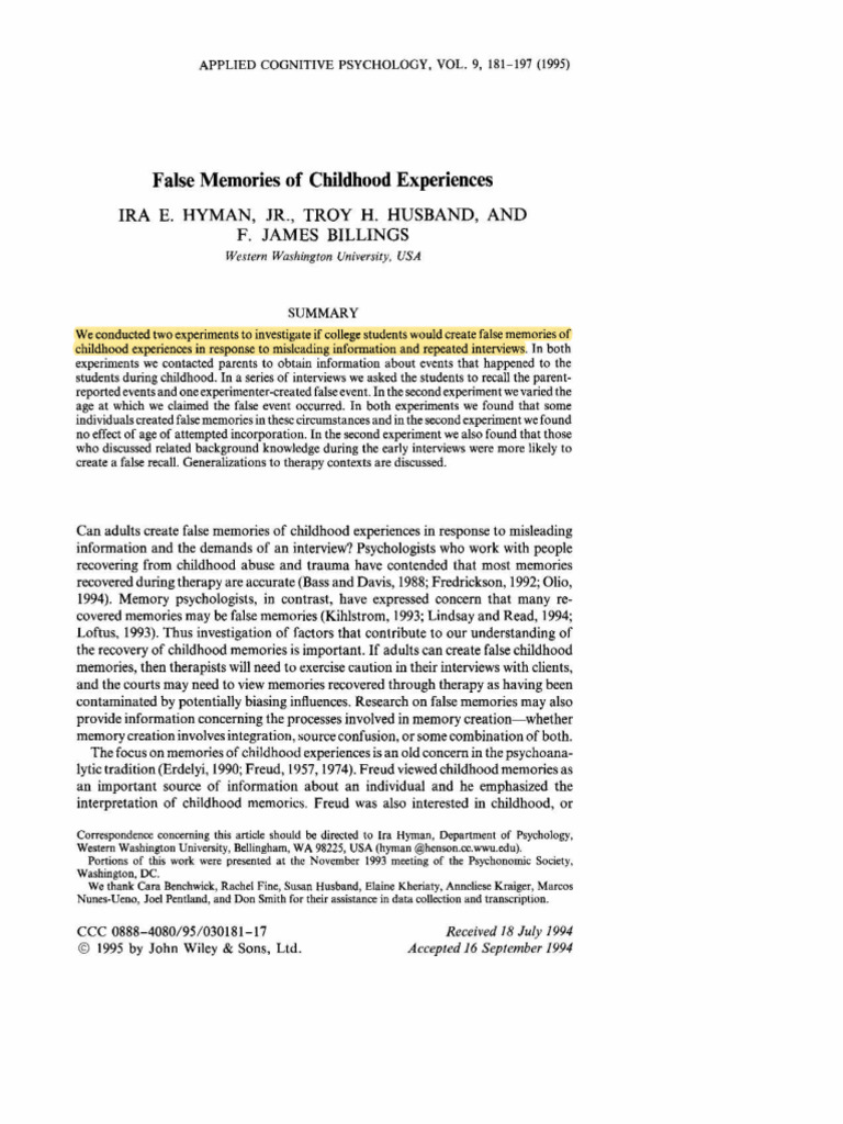 False Childhood Memories Study | PDF | Recall (Memory) | Memory
