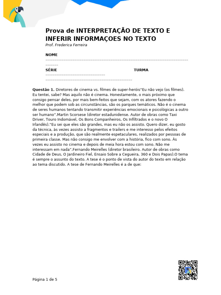 Prova de Interpretação de Texto e Análise | PDF
