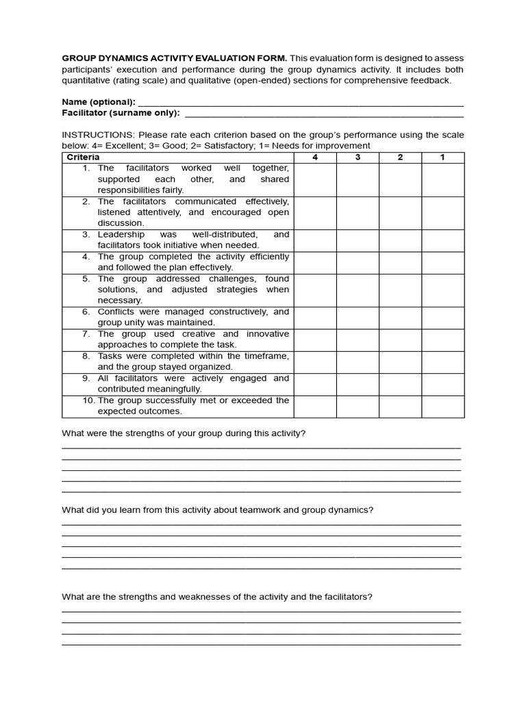 Group Dynamics Activity Evaluation Form | PDF | Social Psychology ...