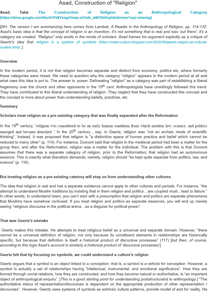 Asad, Construction of - Religion - Notes On Culture | PDF ...