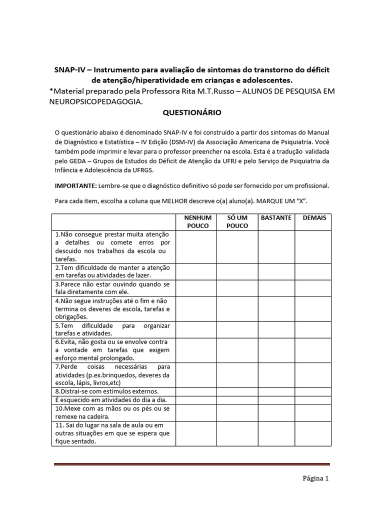 Escala Snap IV TDAH Contexto Escolar | PDF | Transtorno de déficit de ...