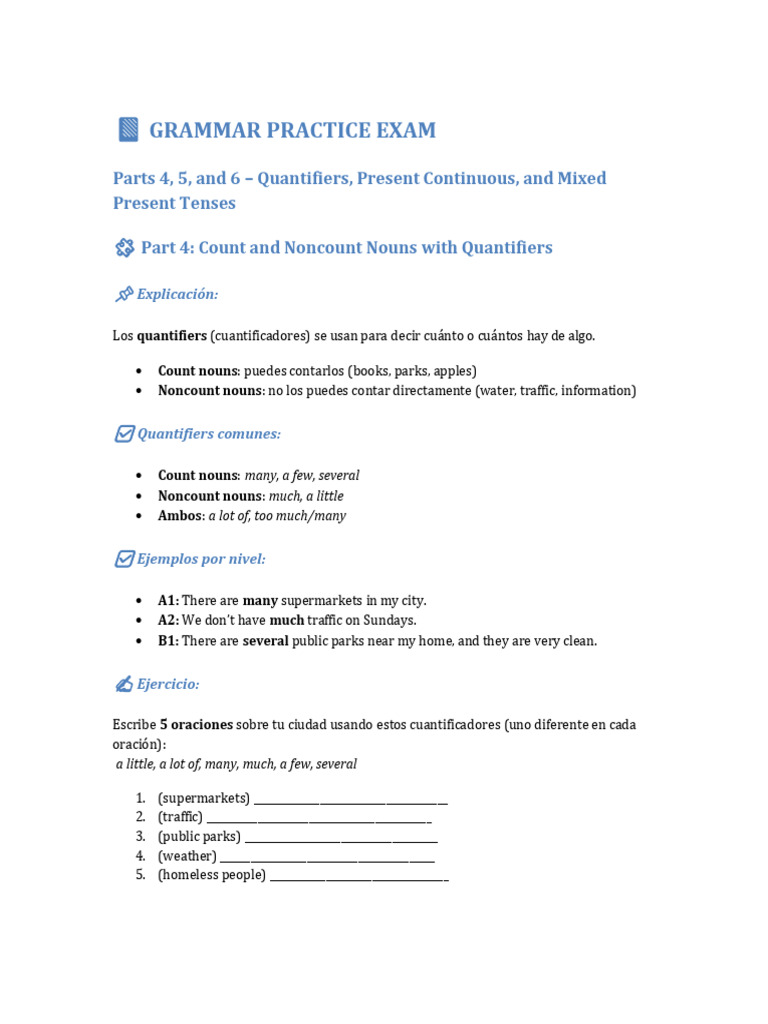 Grammar Practice: Quantifiers & Tenses | PDF | Grammar | Linguistic ...