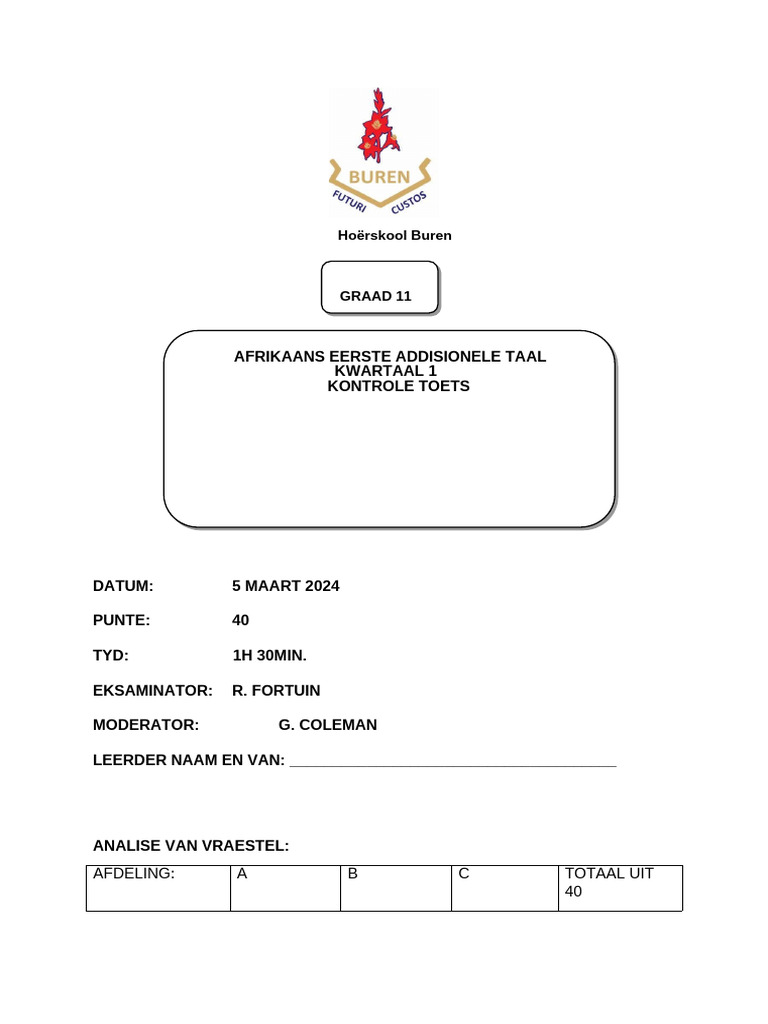 Graad 11 Kontrole Toets | PDF