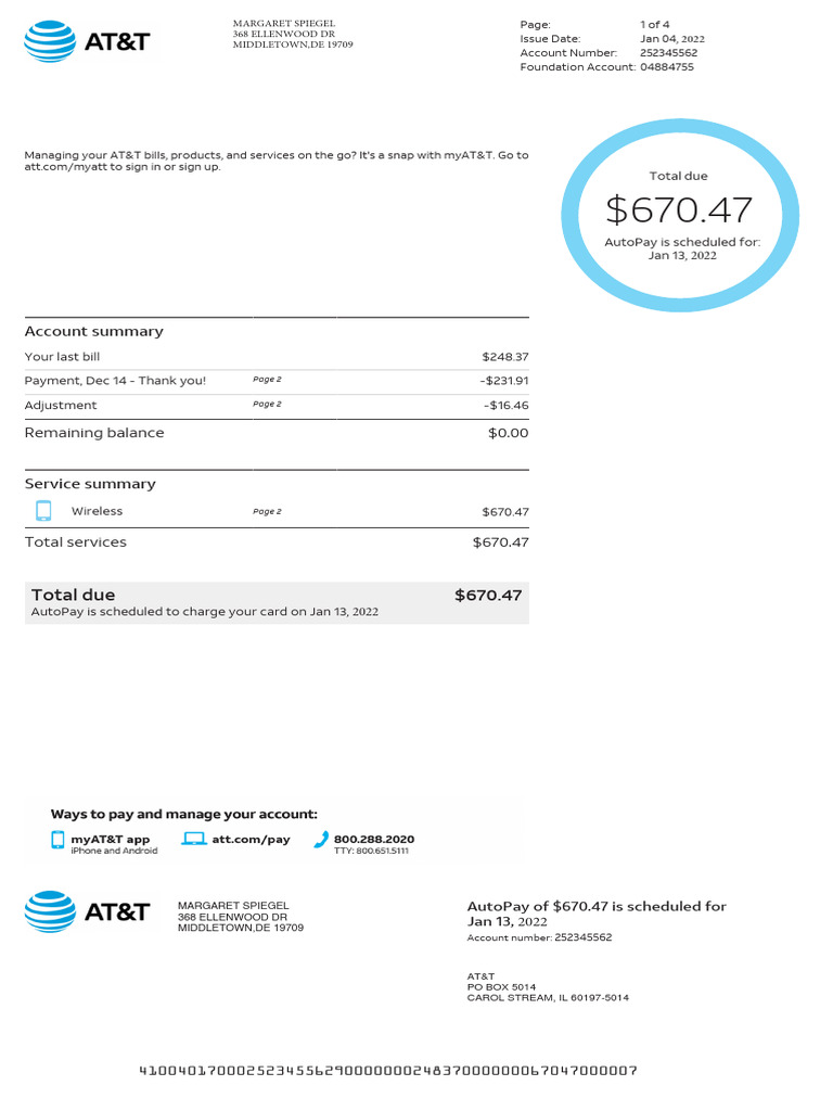 AT&T Billing Statement Summary | PDF | Payments | Banking Technology