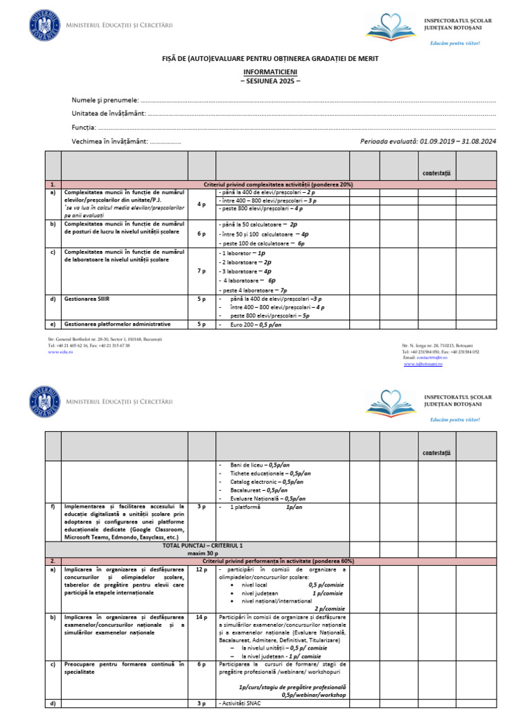5 Fisa (Auto) Evaluare Personal Didactic Auxiliar Informatician 2025 | PDF