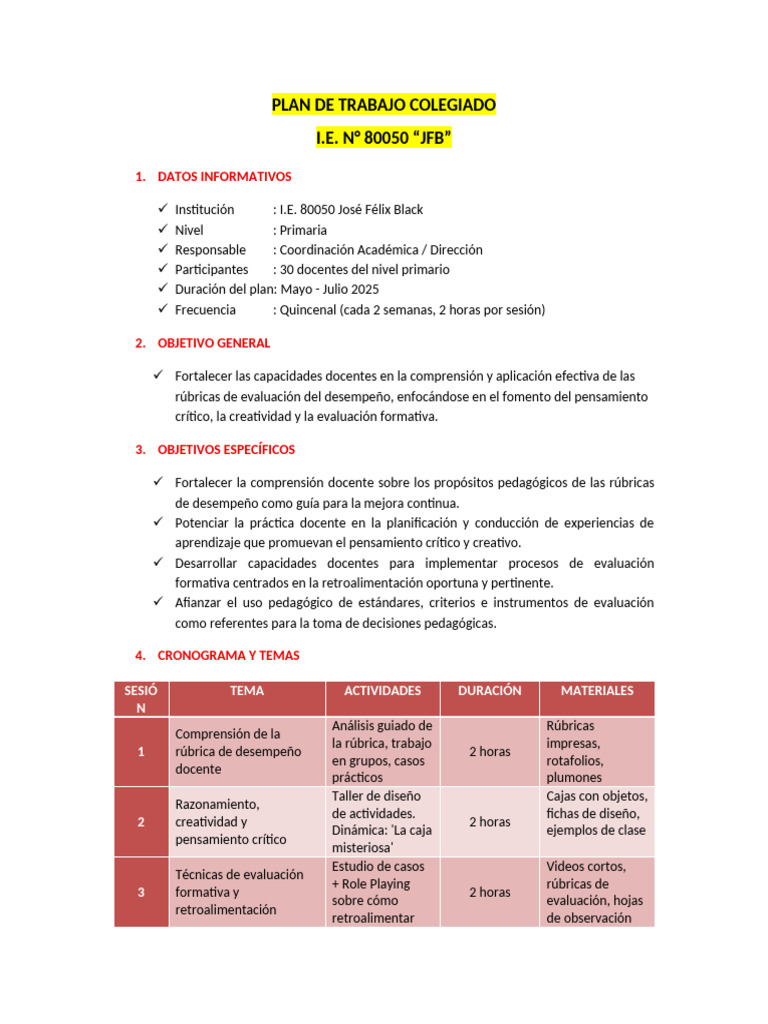 Plan de Trabajo 2025: Fortalecimiento Docente | PDF | Maestros ...