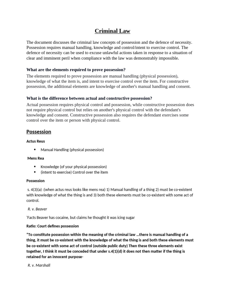 Criminal Law: Possession and Necessity Defense | PDF | Mens Rea | Crimes