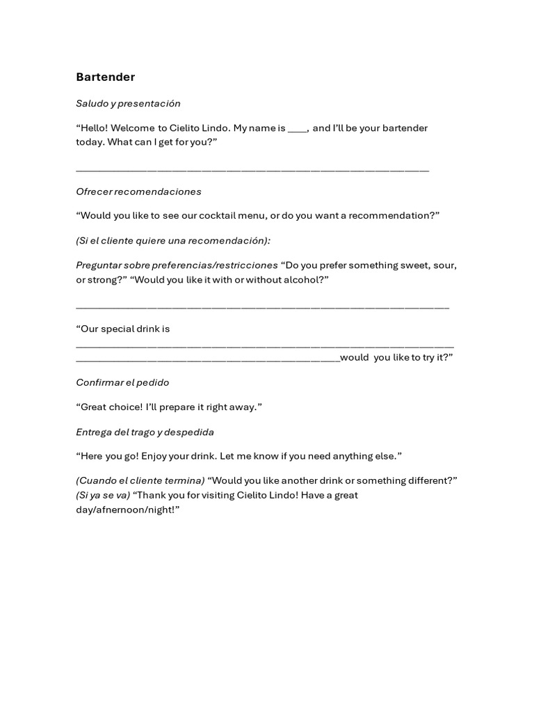 Bartender Script for Cielito Lindo | PDF