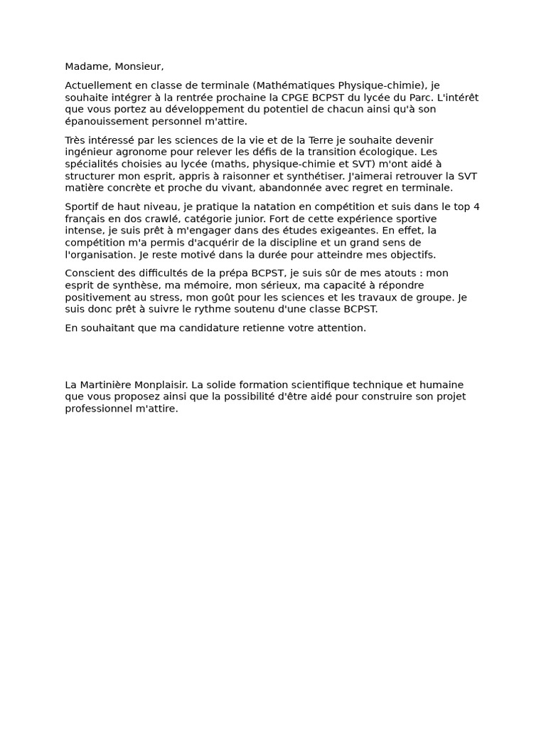 Lettre de motivation pour prépa BCPST PDF — free download