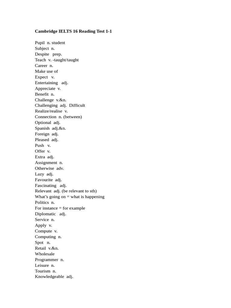 Cambridge IELTS 16 Reading Test 1 Vocabulary | PDF