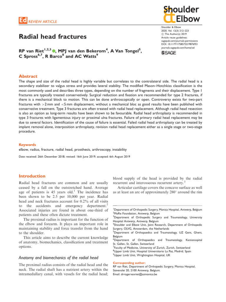 Radial Head Fractures: RP Van Riet, MPJ Van Den Bekerom, A Van Tongel ...