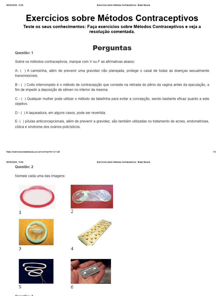 Exercícios sobre Métodos Contraceptivos | PDF | Anticoncepcionais ...