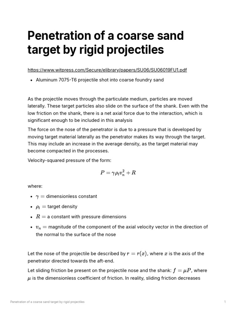 Penetration of A Coarse Sand Target by Rigid Projectiles Notes and ...
