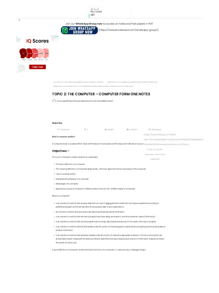 Topic 2_ the Computer – Computer Form One Notes - Ecolebooks | PDF ...