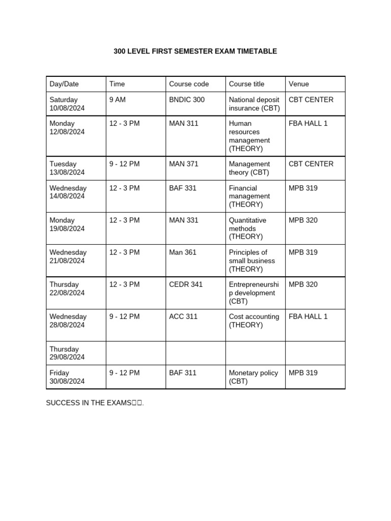 300 Level First Semester Exam Timetable | PDF