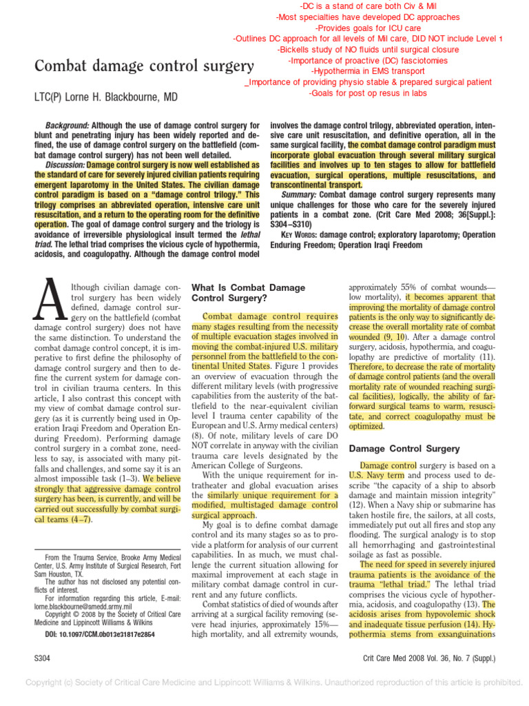 Combat Damage Control Surgery Explained | PDF | Medical Specialties ...