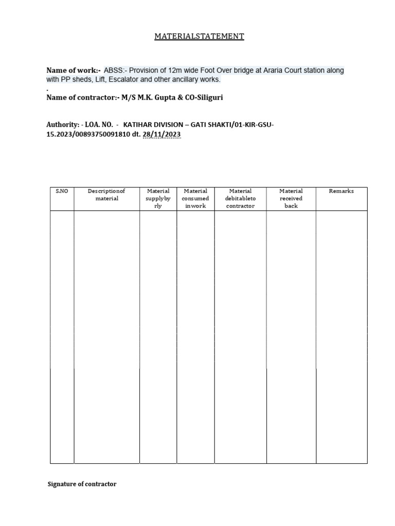 Foot Over Bridge Project Material Statement | PDF