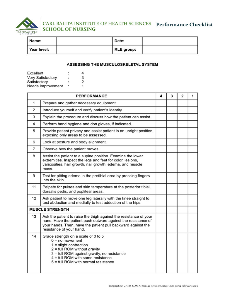 Musculoskeletal System Assessment Checklist | PDF | Foot | Anatomical ...