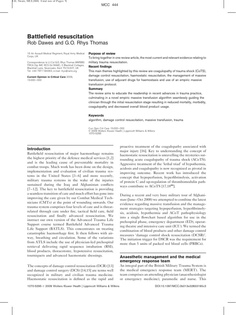 COCC Dawes BattlfldResus 2009 | PDF | Coagulation | Bleeding