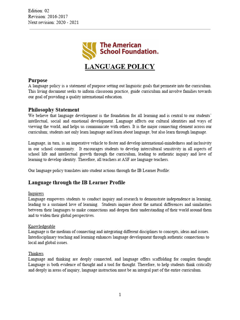 ASFLanguage Policy Official Version 2018 | PDF | Educational Assessment ...